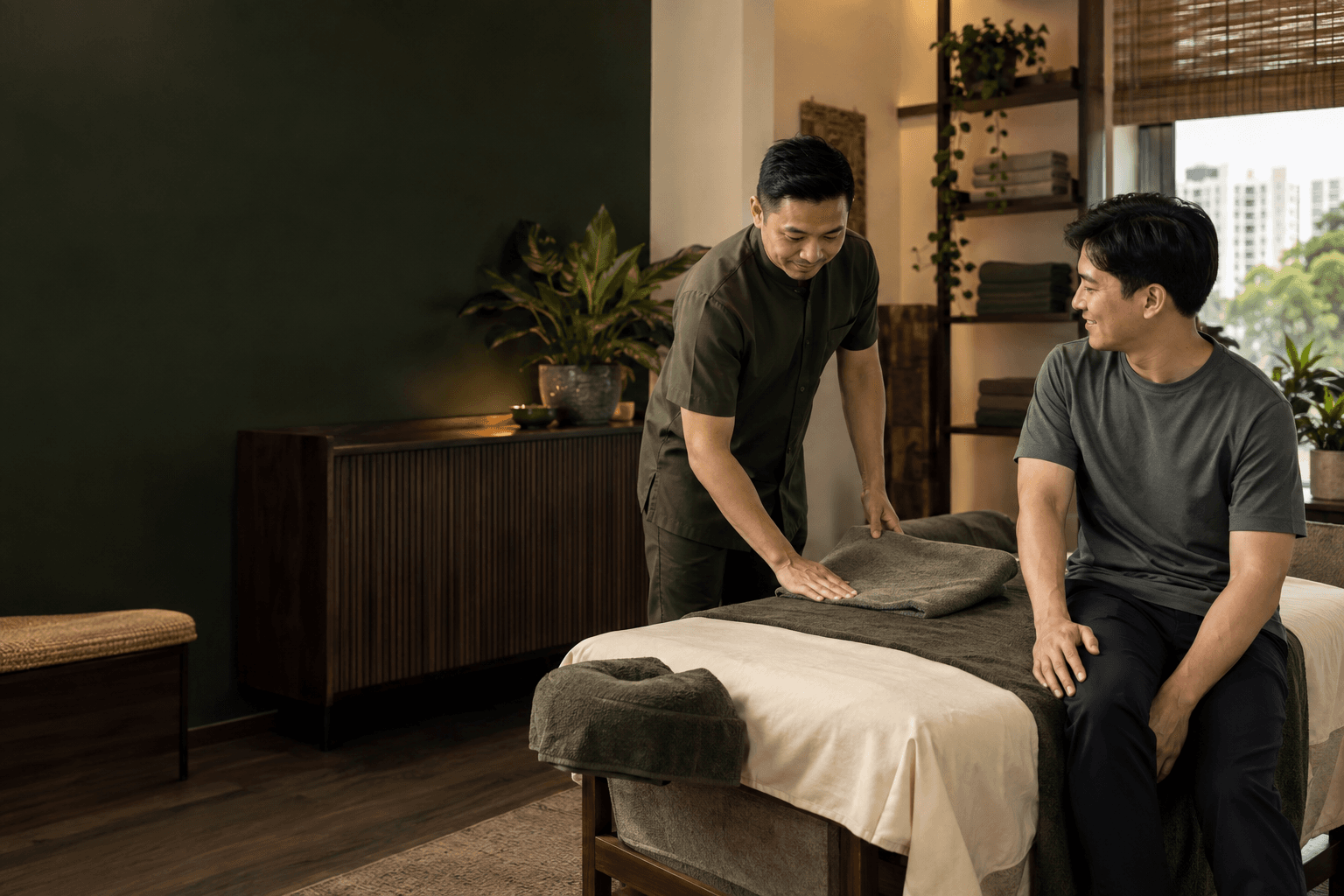 Therapist preparing a treatment bed in a warm modern wellness studio